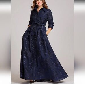 NAVY Metallic Jacquard Shirtdress Gown with Floral Print NWT Size 4